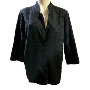 Eileen Fisher Wool Blazer Navy Blue Embroidered Swirl One Button large